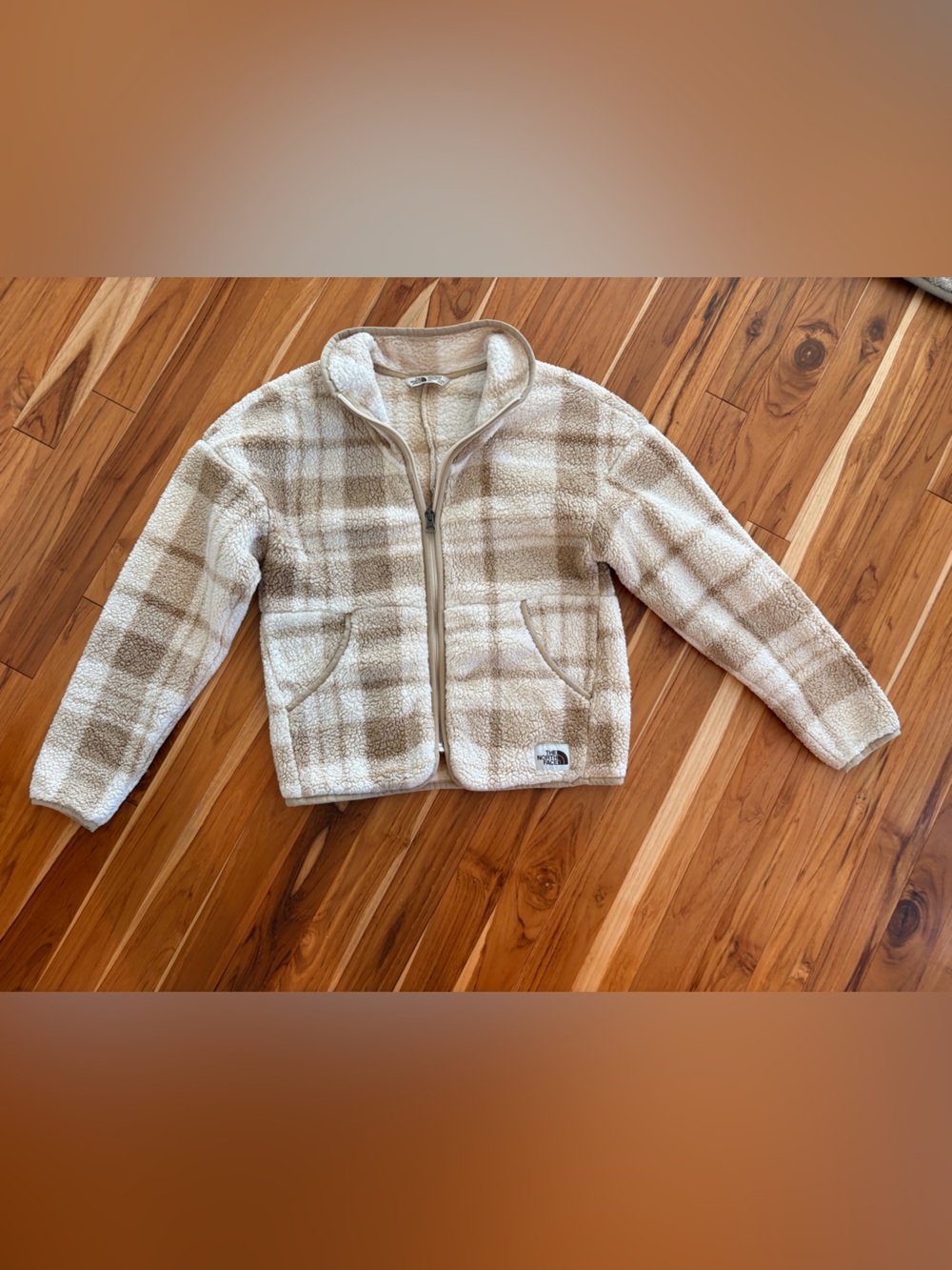 The North Face Kids Cream & Tan Plaid Sherpa Jacket - Zip Front